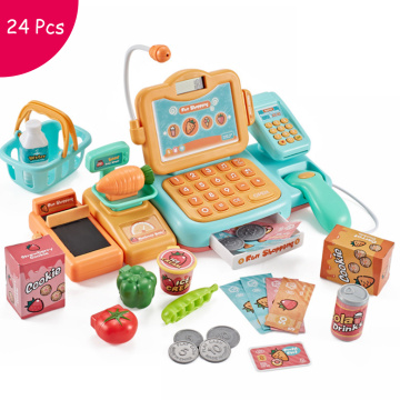 24Pcs Supermarket Checkout Counter Foods Goods Simulation Toys Kids Pretend Play Shopping Cash Register Set Toy For Girl's Gift