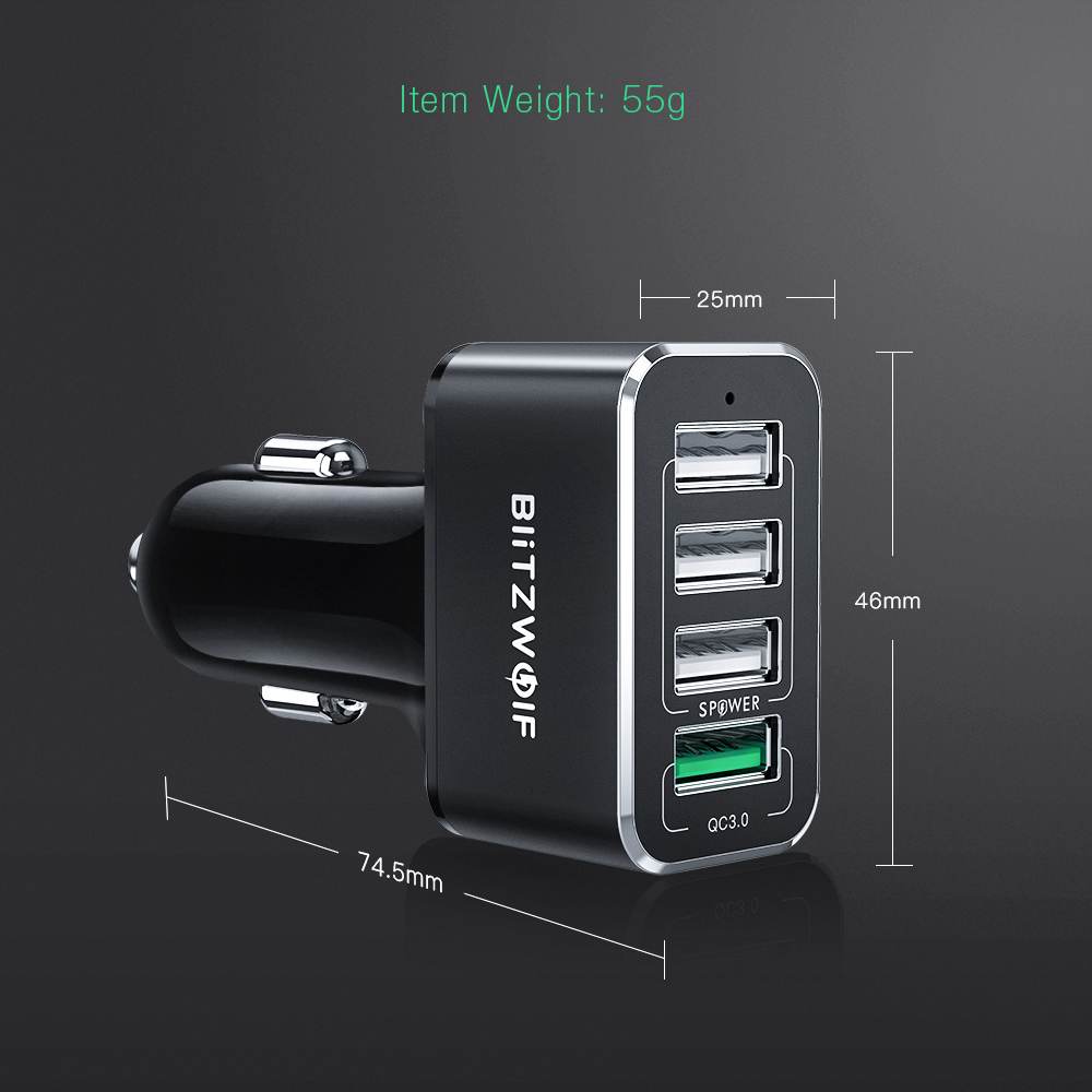 BlitzWolf USB Car Charger 4 USB Ports 50W QC3.0 Fast Charging For Mobile Phone TDC 12V-24V For iPhone X XR Xs For Xiaomi Mi8