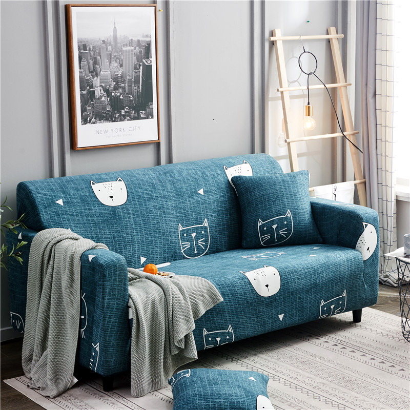 Lovely Cartoon Cat Animal Pattern Sofa Cover Flower Geometric Print Stretch All-inclusive Slipcover Elastic L-shaped Couch Cover
