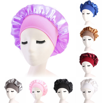 Adjust Women Satin Bonnet Cap Night Sleep Hair Head Cover Wide Band Elastic Hat Nightcap Head Wrap Shower Cap Hair Styling Tool