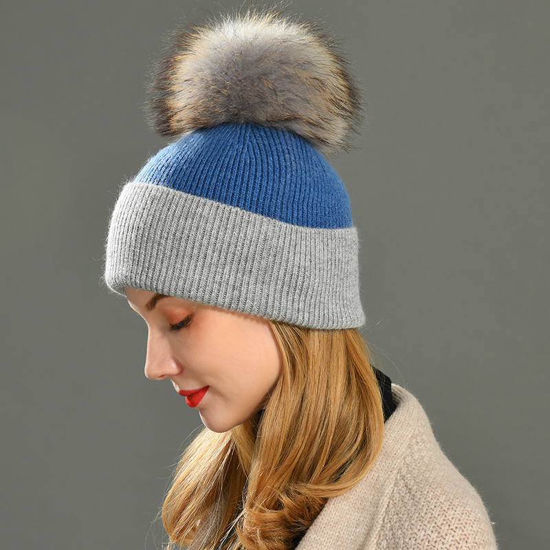 Women Winter Hats Cashmere Knitted Wool Cap Real Fur Ball Top Striped Knitted Hat Female Fashion Cap Ladies Hedging Wool Beanie