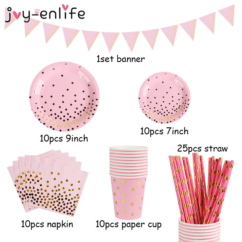 Pink Gold Dot Disposable Tableware Set Paper Plates Cups Baby Shower Unicorn Girl 1st Birthday Party Decorations Supplies