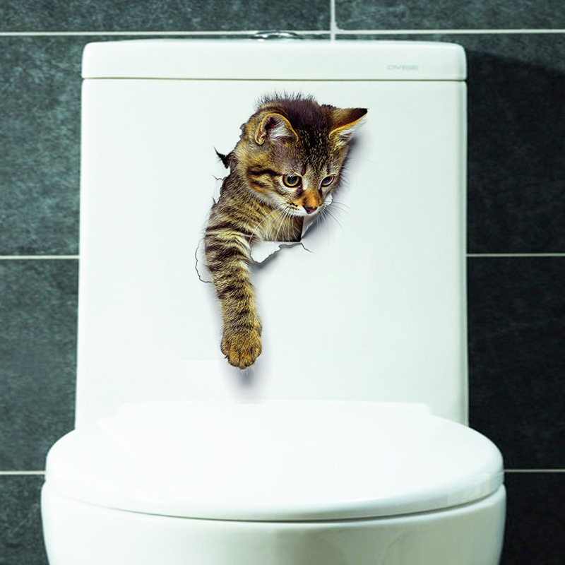 Fashion 3D Cats Toilet Stickers Lovely Animal Wall Decal Lovely Blue Cat Home Decor Art PVC Vinyl Bathroom Decoration Waterproof