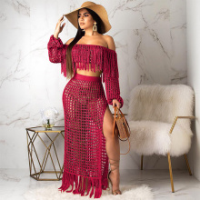 Women Sexy Tassels Hollow Out 2 Piece Outfits