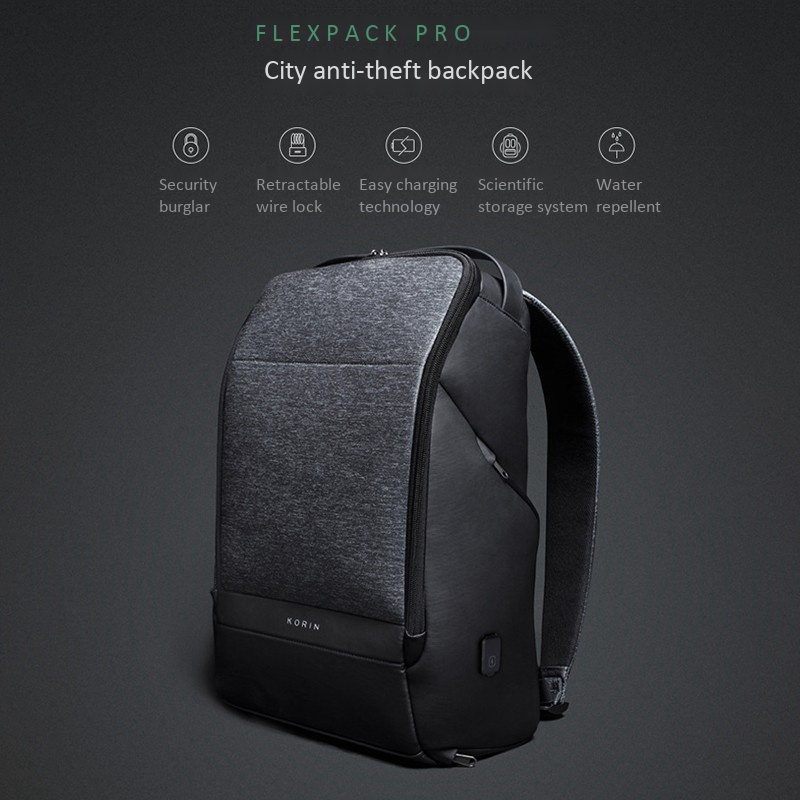 HOT-KORIN Design Flexpack Anti-Theft Backpack Men's Travel Bag USB Rechargeable Laptop Backpack 15.6-Inch Youth School Bag