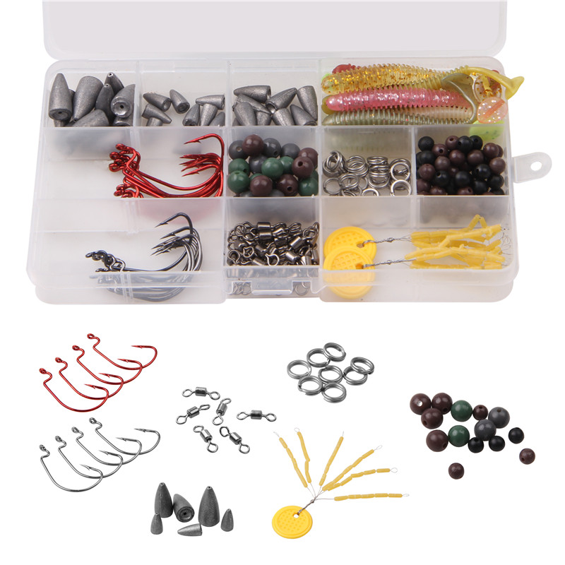 220pcs/box Texas rigs fishing tackle box set with bullet fishing sinkers jig hook float stoppers for bass trout lure fishing