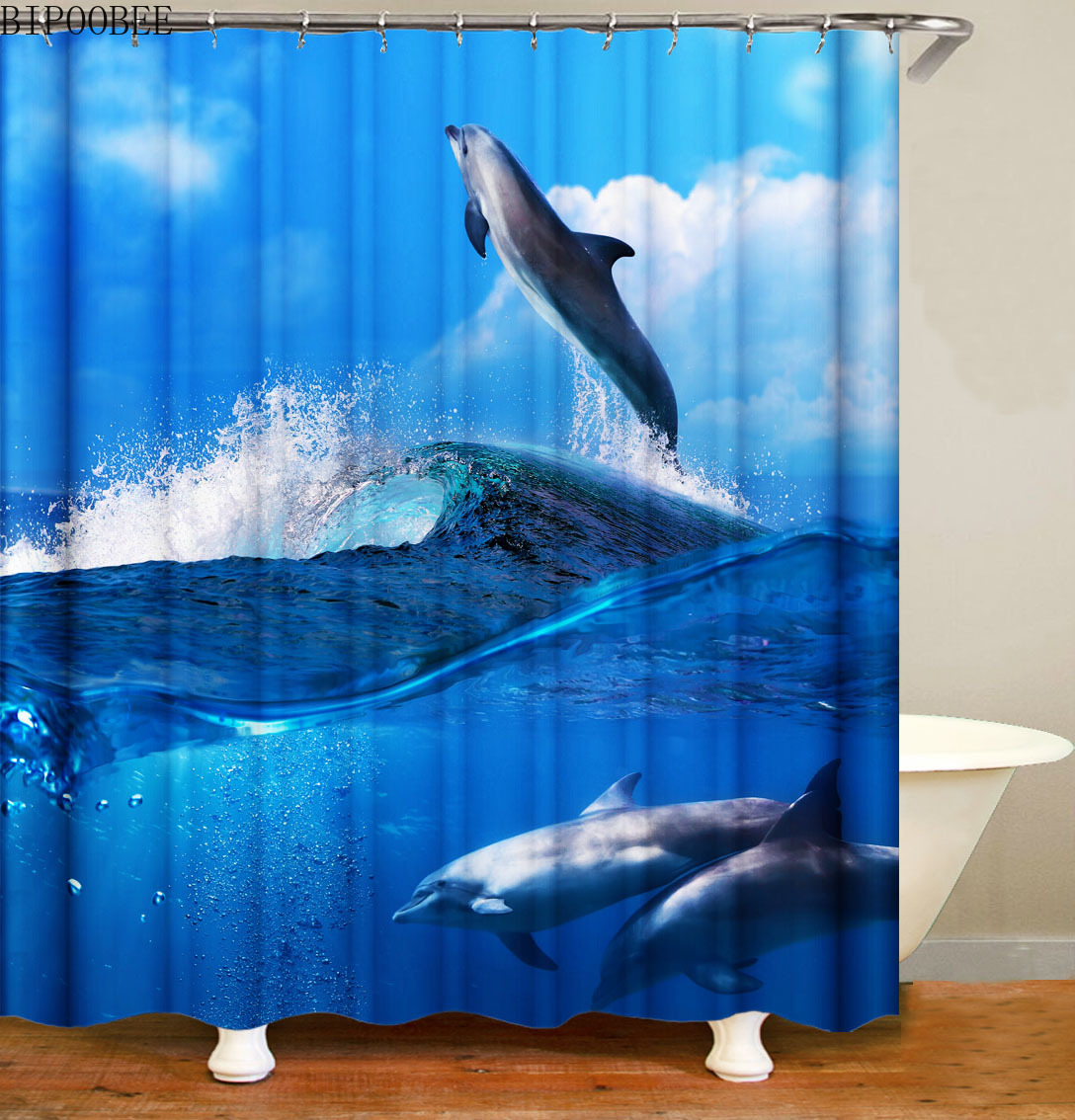 Sunlight Ocean Sea Animal Dolphin Fish Waterproof Shower Curtain Bathroom Curtains Sea Scenery Bath Screen Bathroom Decor