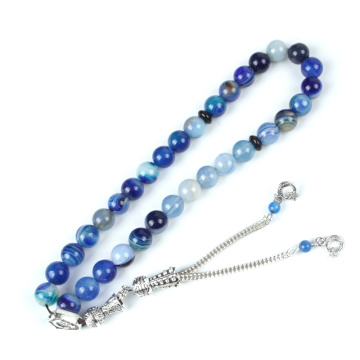 Natural Blue Stripe Agate Stone Rosary 33pcs Tesbih 8mm Bead for Muslim Prayer Rosary with Tassel Bell Star Moon Silver Bracelet