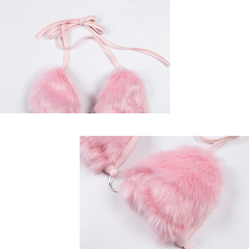 Sexy Women Fur Bras Pink Color Ladies Crop Top Ladies Underwear