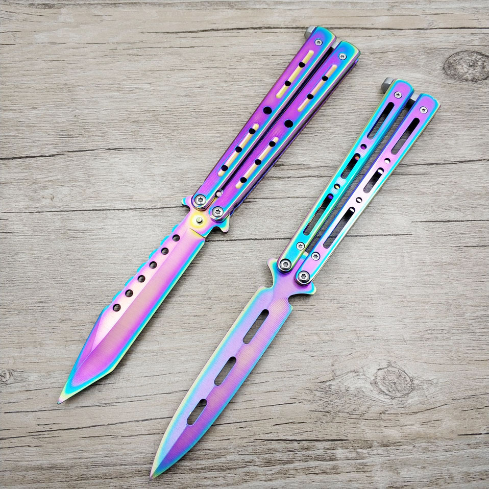Titanium Rainbow color 5Cr13Mov Stainless Steel knife Butterfly Training Knife butterfly knife game knife dull tool no edge