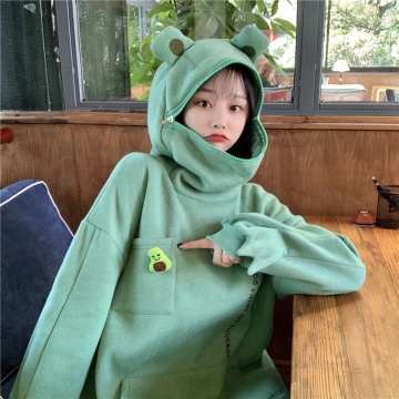 Winter Warm Frog Hoodies Women Thick Loose Fit Fleece Top Girls Sweatshirt Coat Outwear Hooded Pullover Soft Clothes