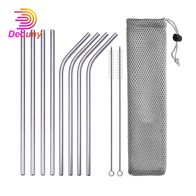 DEOUNY Metal Tubes With Bag And Cleaner Brush 304 Stainless Steel Reusable Straight Bent Cocktail Straws 11PCS Bar Accessories