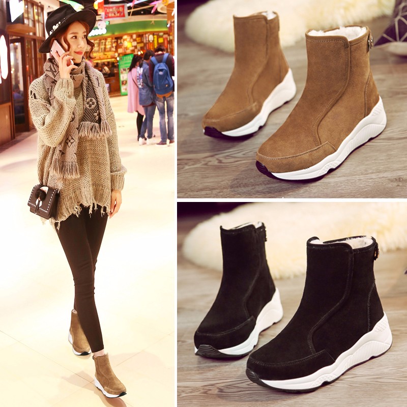 DLEK Ankle Snow Boots Women Solid Height Increasing Shoes Flock Khaki Black Metal Button Non-slip Wedges Female Boots