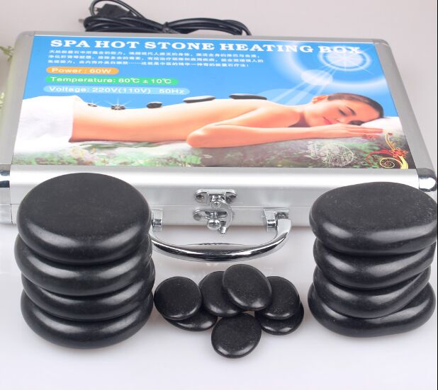 8pcs/5pcs/lot Natural Energy Stones Spa Equipment Set Rock Basalt Hot Oil Stone and Heater Box body Massage Lava Heated bag