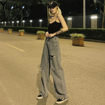 vintage High Waist Ripped tassel full length Mom Jeans Women Plus Size Harajuku Wide Leg Clothes trousers Streetwear Denim Pants