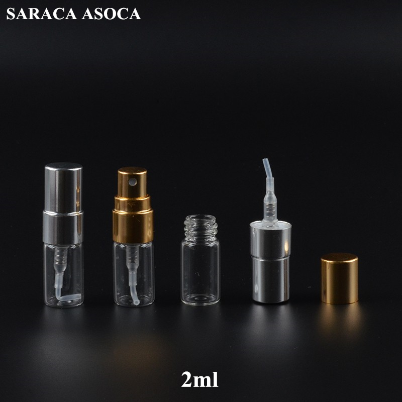 2ML(100Pieces/lot) Mini Glass Perfume Bottles With Metal Spray Empty Parfum Case Refillable Perfume Bottle Sample Gold Silver