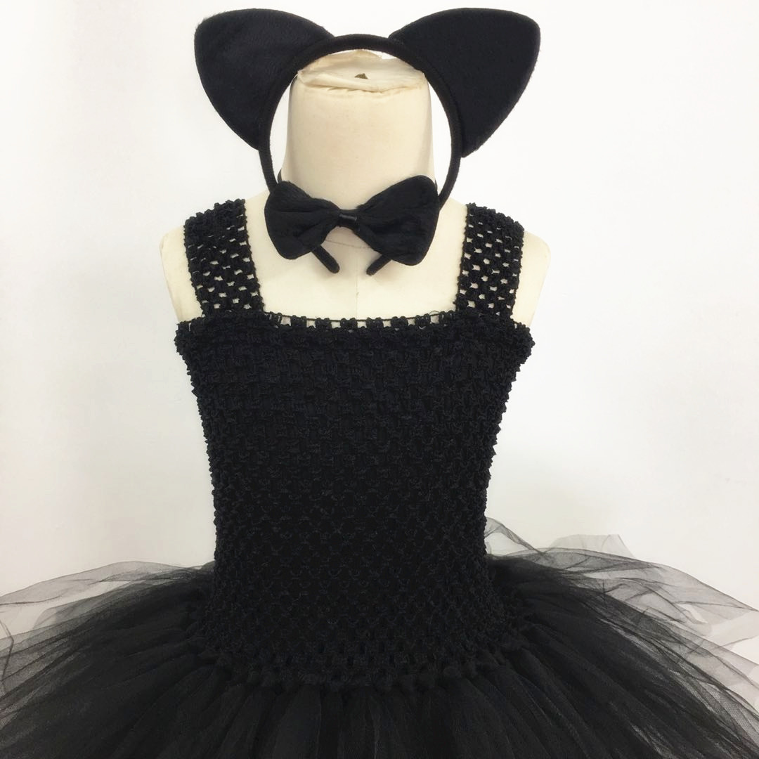 Girl Tutu Black Dress Bowtie Tail Hair Hoop Set Birthday Party Children Clothing Halloween Cat Cosplay Costume for Kids