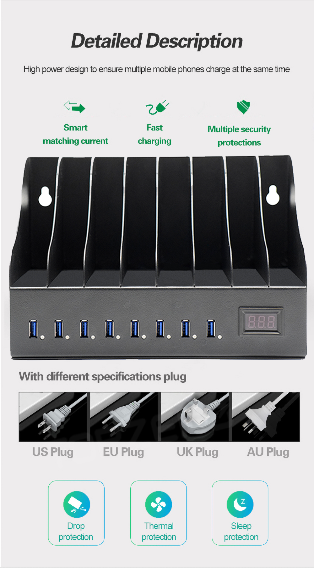 8 port USB charger Multiple ports to choose from
