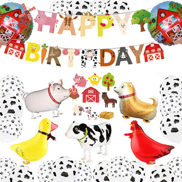 52pcs Cow Pig Cake Topper Wrapper Farm Animal Banner Dog Cows Walking Balloons Set Kids Gift Birthday Party Decoration Supplies