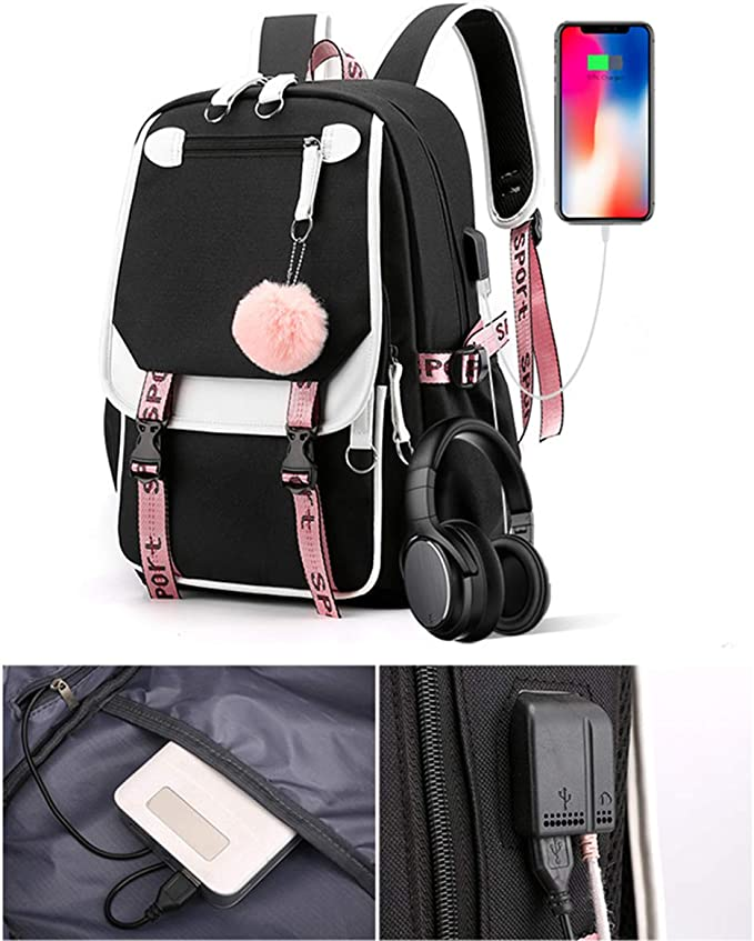 Girl Backpack Large Capacity USB Charging Headphone Port
