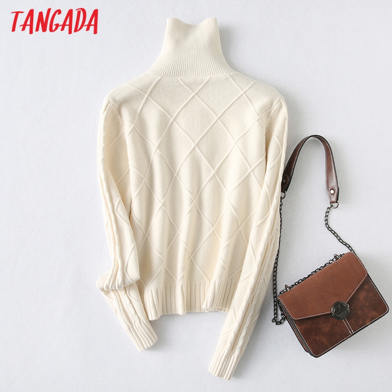 Tangada Chic Women Turtleneck Twist Sweater Vintage Ladies Short Style Vintage Knitted Jumper Tops YU24