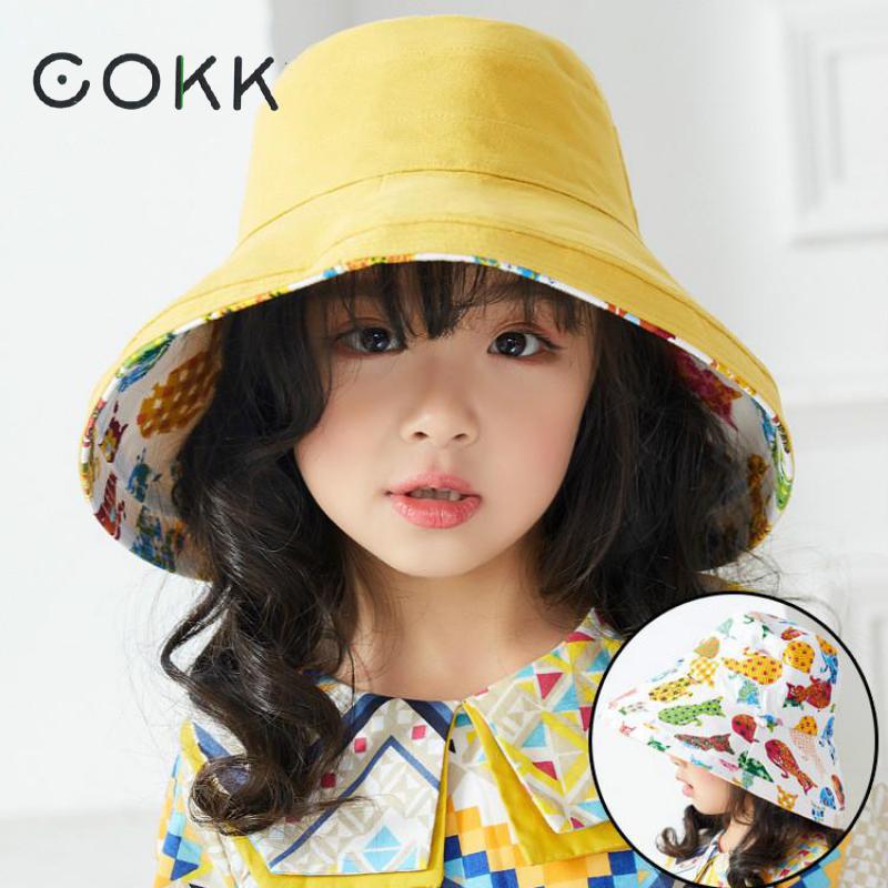 COKK Children Spring Summer Hats For Girls Cartoon Double Side Bucket Hat Kids Fishing Hat Cotton Wide Brim Outdoor Beach Hat