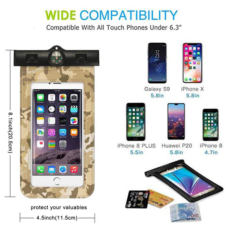 IPX8 Waterproof Case For Phone Pouch Case Swimming Bag With Compass Arm Band Underwater Diving Phone Touch Dry Bag Camouflage