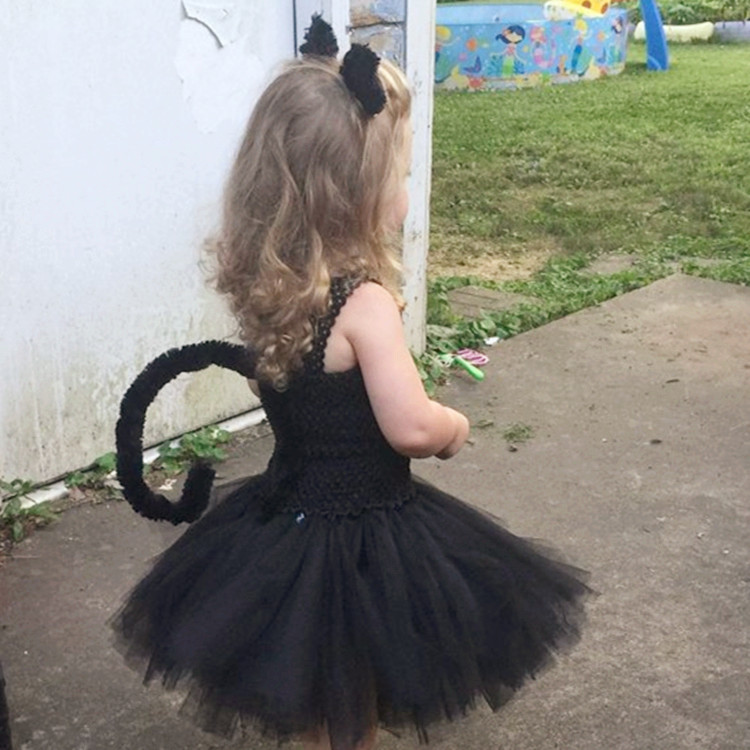 Girl Tutu Black Dress Bowtie Tail Hair Hoop Set Birthday Party Children Clothing Halloween Cat Cosplay Costume for Kids