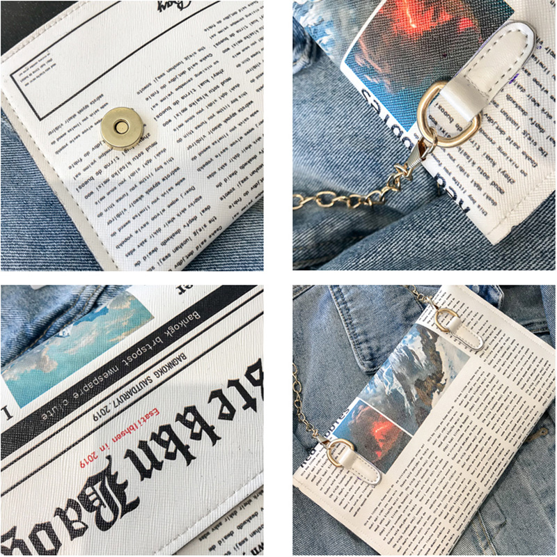 2020 Women Evening Bag Personality Inkjet Newspaper Clutch Coin Purses PU Letter Magnetic Clasp Phone Makeup Pouch Chain Purses