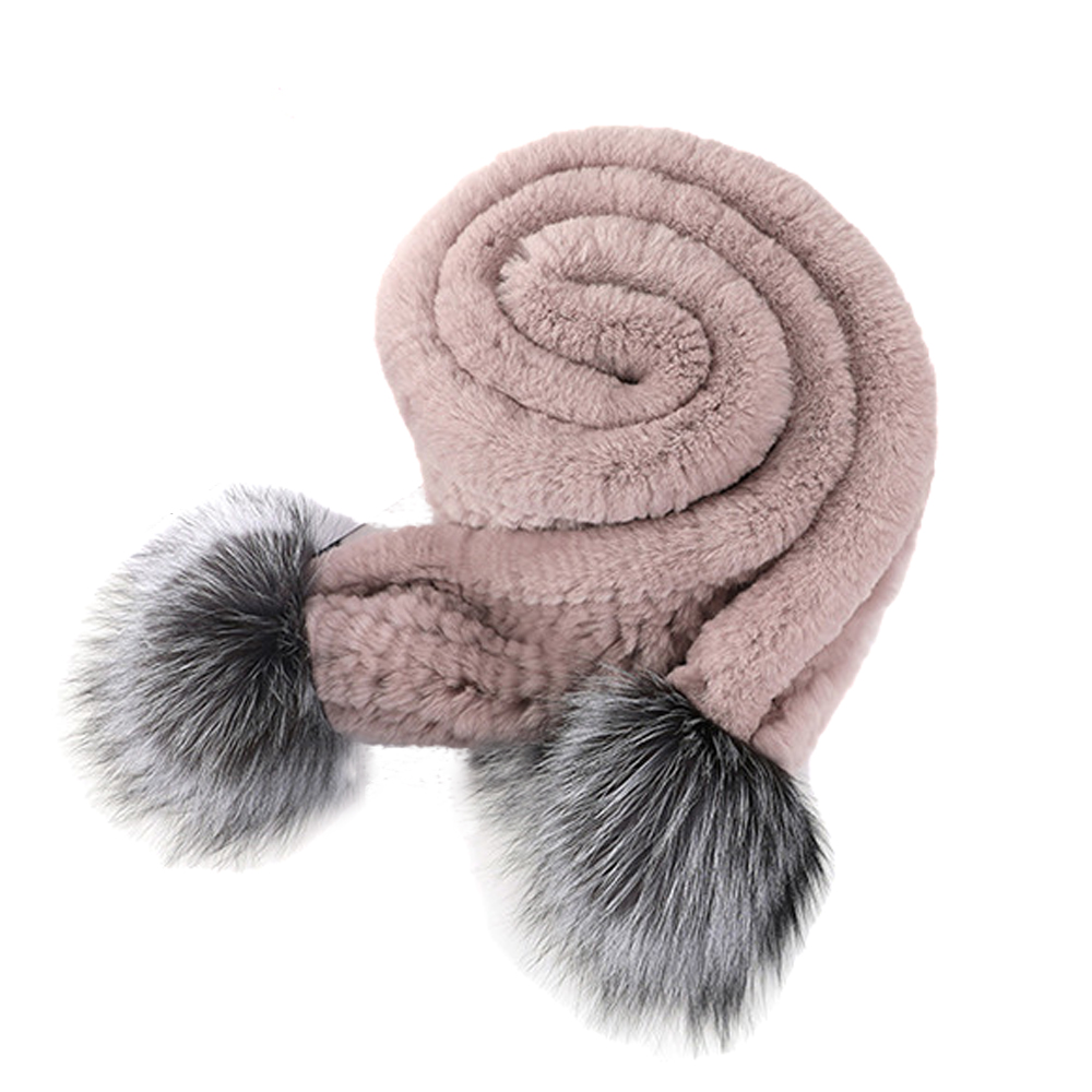 Women Real Rex Rabbit Fur Scarf Silver Fox Fur Balls Winter Warm Handmade Neckerchiefs Fluffy Soft Black Beige Pink