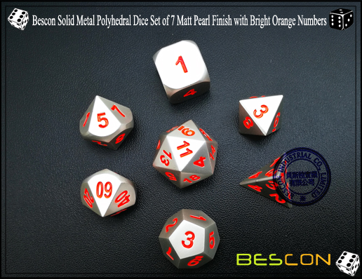 Bescon Solid Metal Polyhedral Dice Set of 7 Matt Pearl Finish with Bright Orange Numbers-3