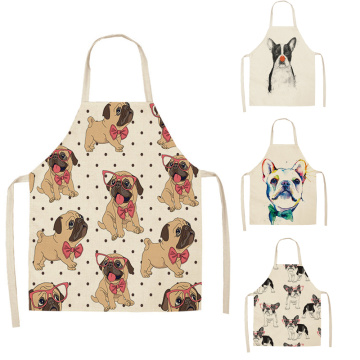 1 Pcs Cotton Linen BullDog Dog Print Kitchen Aprons Unisex Dinner Party Cooking Bib Funny Pinafore Cleaning Apron