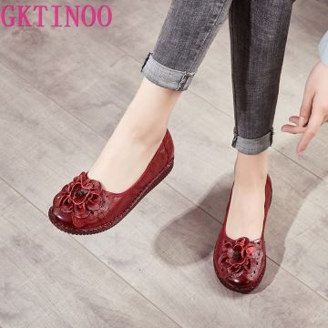 GKTINOO 2020 Spring Handmade Vintage Round Toe Flats Shoes Woman Genuine Leather With Flowers Soft Bottom Slip-On Ladies Loafers