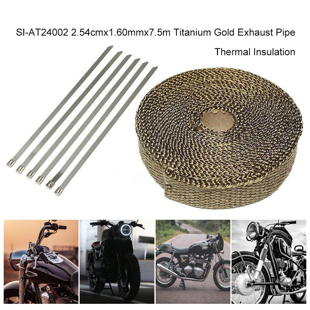 New SI-AT24002 2.54cmx1.60mmx7.5m Titanium Gold Exhaust Pipe Thermal Insulation Cloth Anti-scalding Turbine Band