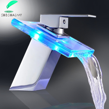 Free shipping Deck Mounted Sink Mixe LED Bathroom Faucet Waterfall Brass Basin Faucet Cold Hot Mixer Tap