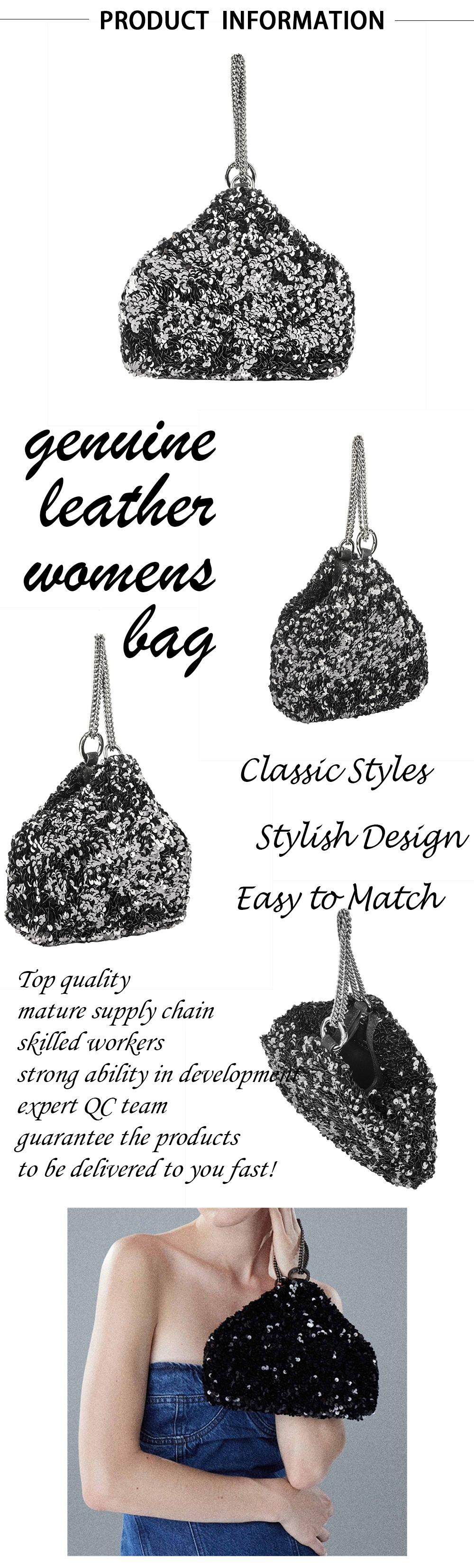 Sequined Chain Decorated Leather Handbag
