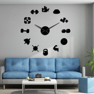 Sports Gym Equipment DIY Frameless Giant Wall Clock With Art Fitness Dumbbell Stickers Large Wall Watch Workout Trainers Gift