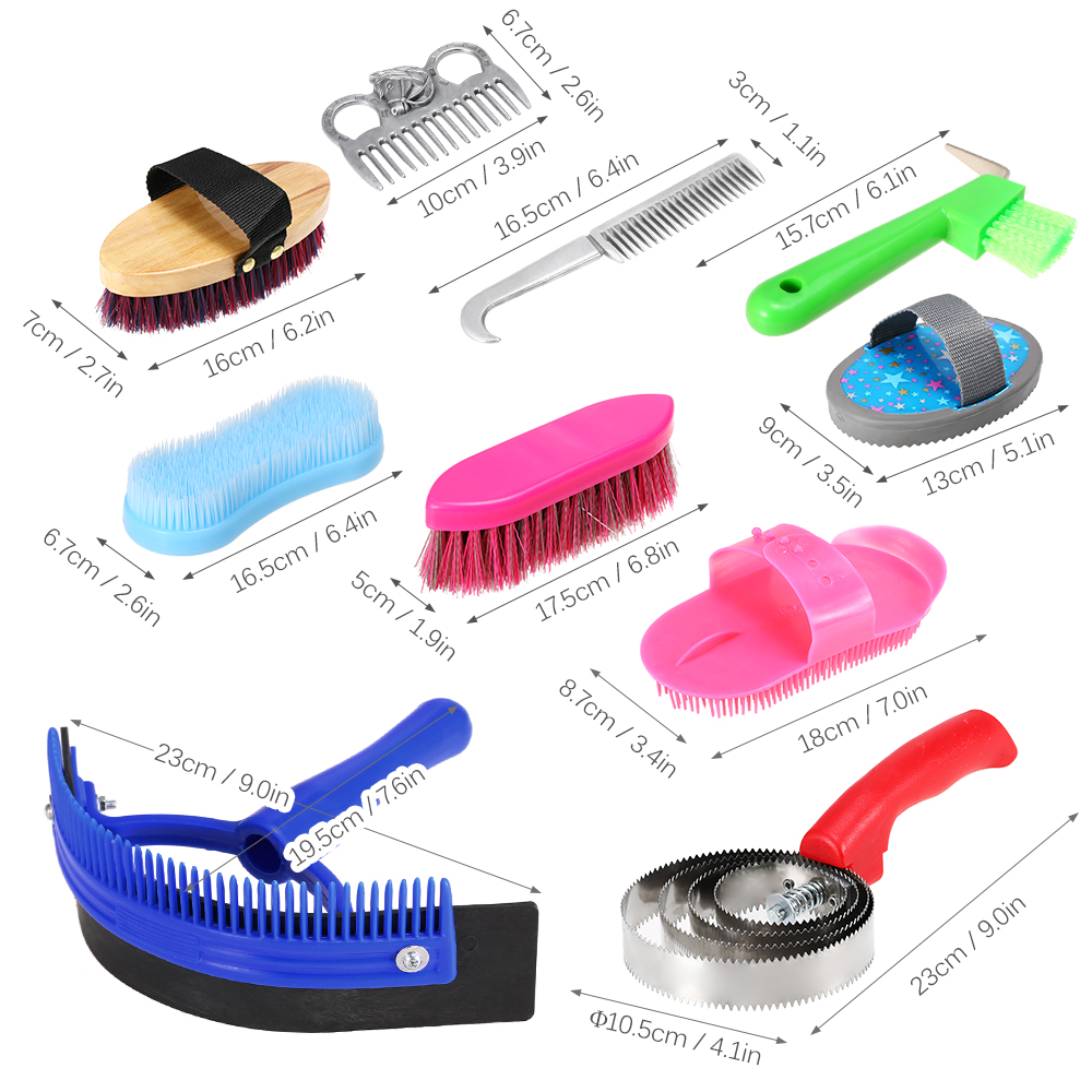 10-IN-1 Horse Grooming Tool Set Cleaning Kit Mane Tail Comb Massage Curry Brush Sweat Scraper Hoof Pick Horse Equipment