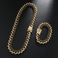 Hip Hop 1Set Bling Iced Out Miami Zircon Cuban Full Pave Rhinestone 15MM Men's Bracelet Necklace For Men Jewelry