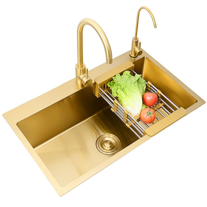 Household Double sink Above Counter 304 Stainless Steel Brushed Gold Kitchen Sink with Faucet Under Mount Farmhouse Sink 80x45cm