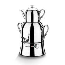 KORKMAZ Nosta Mega Inox / Chrome Electric Turkish Teapot Tea Maker Samovar Kettle A334 Stainless Steel 220V EU Plug (4.0L+1.8L)