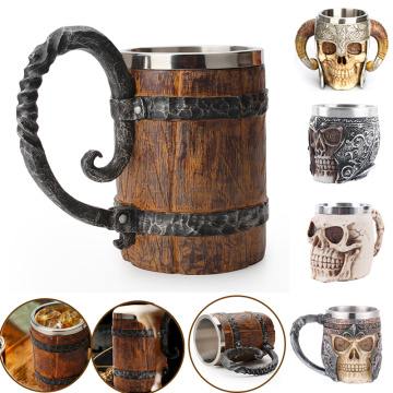 New 500ml Viking Wood style Beer Mug Double Wall Insulated Beer Cup Wine Tumbler Tea Milk Coffee Cup Christmas Decorations 2021