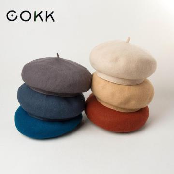 COKK Women Hat Autumn Winter Wool Beret Deep Brim Sweatband Beret Femme Winter Hat Woman Painter Cap Solid Fashion Vintage New