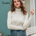 Simplee Casual turtleneck women sweaters Long sleeve splicing flexible female knitted sweater Solid color short pullover jumper