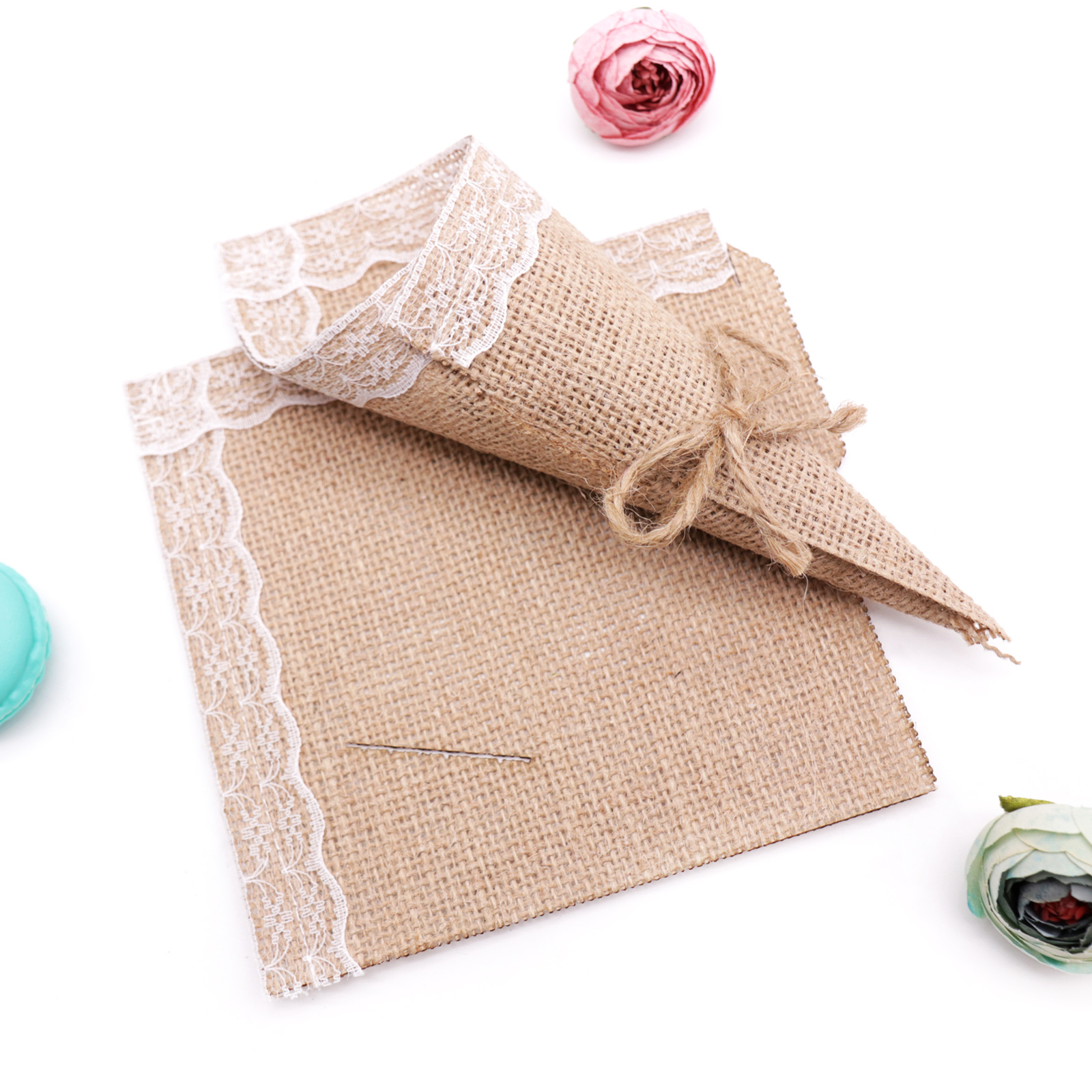 Creative Burlap Lace Cone Bouquet 10pcs DIY Handmade Flower Packaging Box +3M Linen Rope for Wedding Birthday Party Decoration