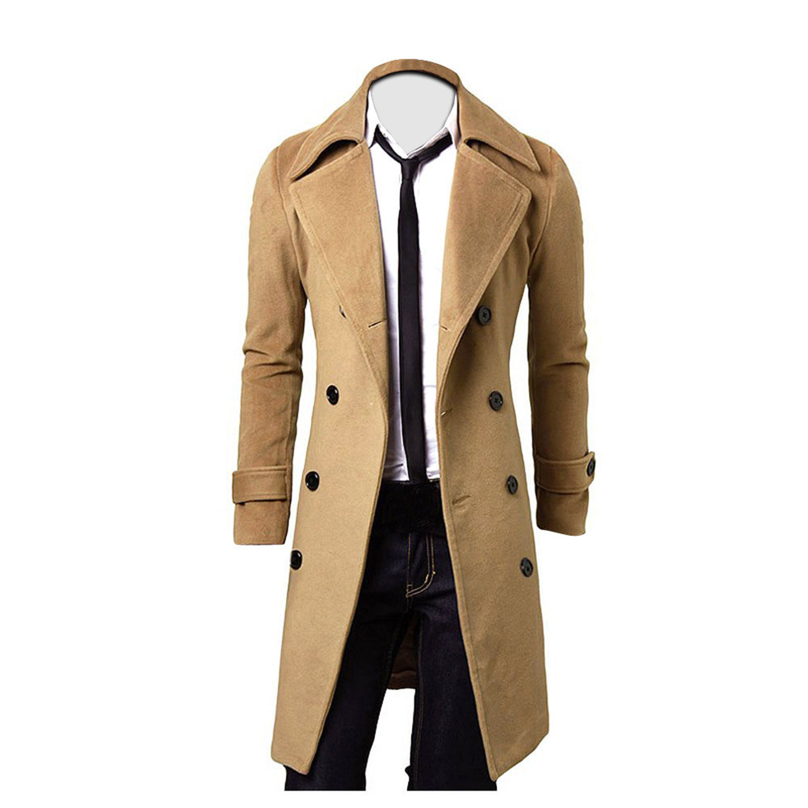 Winter Men Slim Stylish Trench Coat Double Breasted Long Jacket Parka Casual long men's woolen fleece warm windbreaker jacket