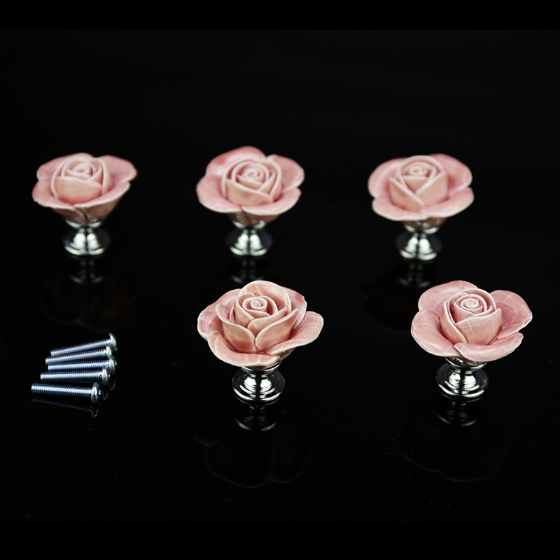 5 x Pink Door Furniture Ceramic Handle Antique Button Screws Included Elegant Design Rose shaped
