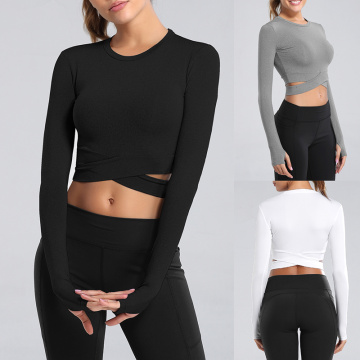 Women Long Sleeve Running Shirts Sexy Exposed Navel Yoga T-shirts Quick Dry Fitness Gym Crop Tops Solid Sports Shirts