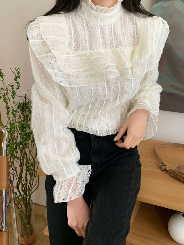 Chic Lace Hook Flower Ruffles Patchwork Shirts Stand Collar Flare Sleeve Femme Blusas Loose All-match Women Blouse