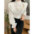 Chic Lace Hook Flower Ruffles Patchwork Shirts Stand Collar Flare Sleeve Femme Blusas Loose All-match Women Blouse